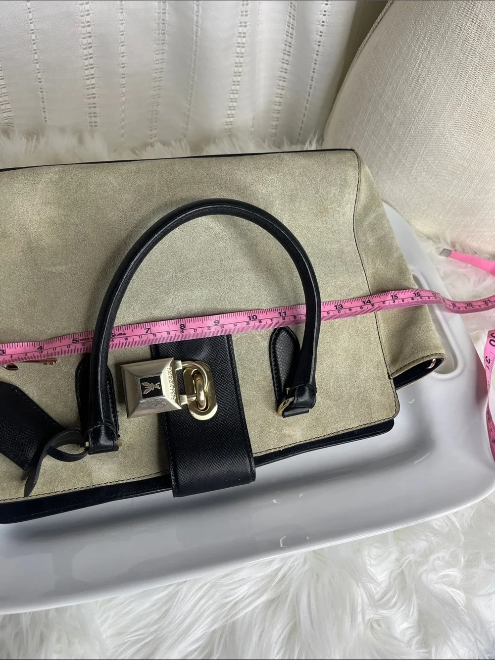 Patrizia Pepe Beige Suede and Black Leather Satchel with Gold Lock